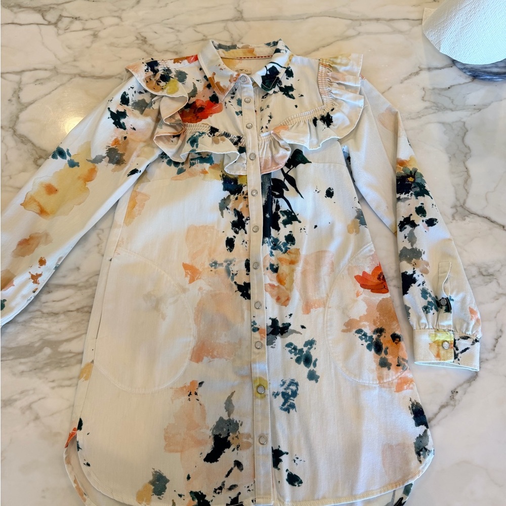 Pilcro for Anthropologie Button Down Ruffle White Denim Dress
